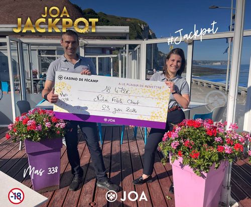 cheque du gagnant jackpot de 18472 euros sur la machine a sous valley of the tiger au casino joa de fecamp